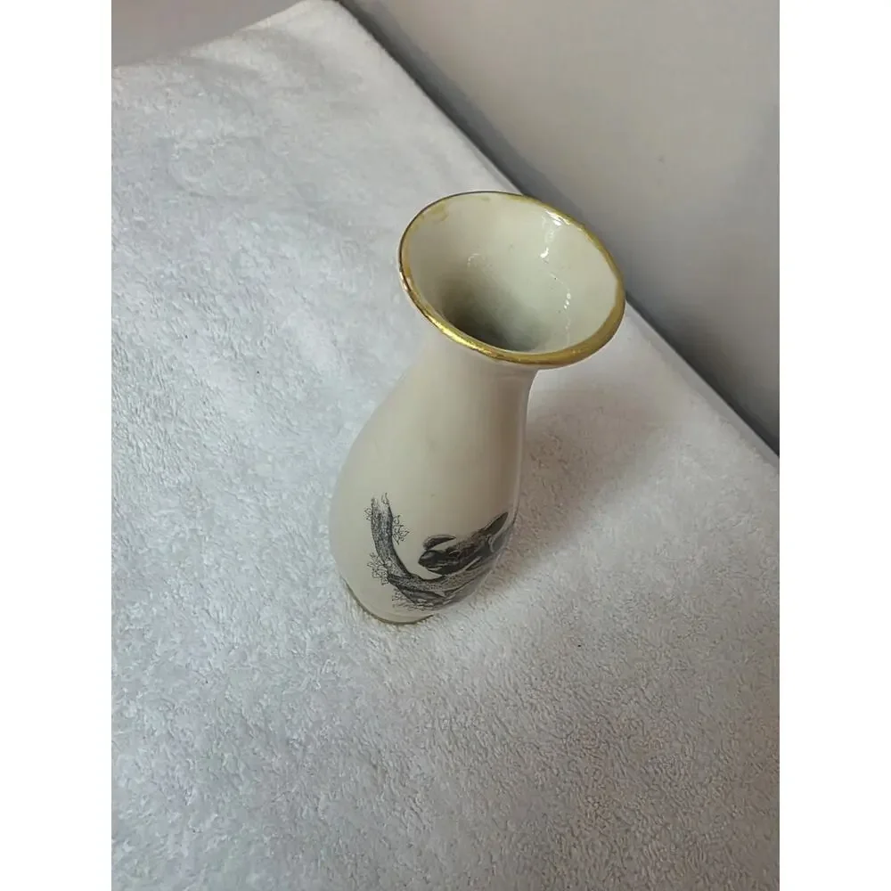 Otagiri OZ-MALL Panda Ceramic Vase Beige Black Gold Rim Japan Vintage 1980s